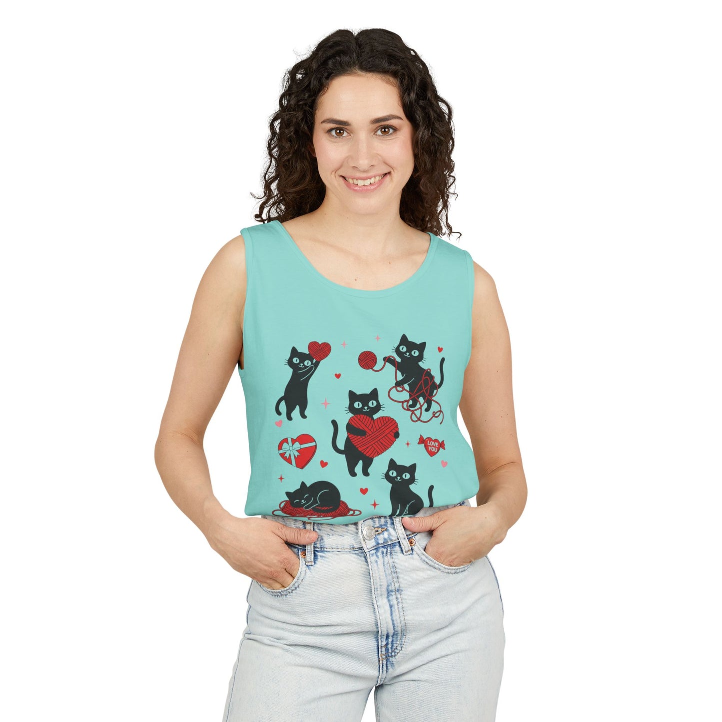 Cat Tangled In Love Tank Top | Valentine Cat Heart Design
