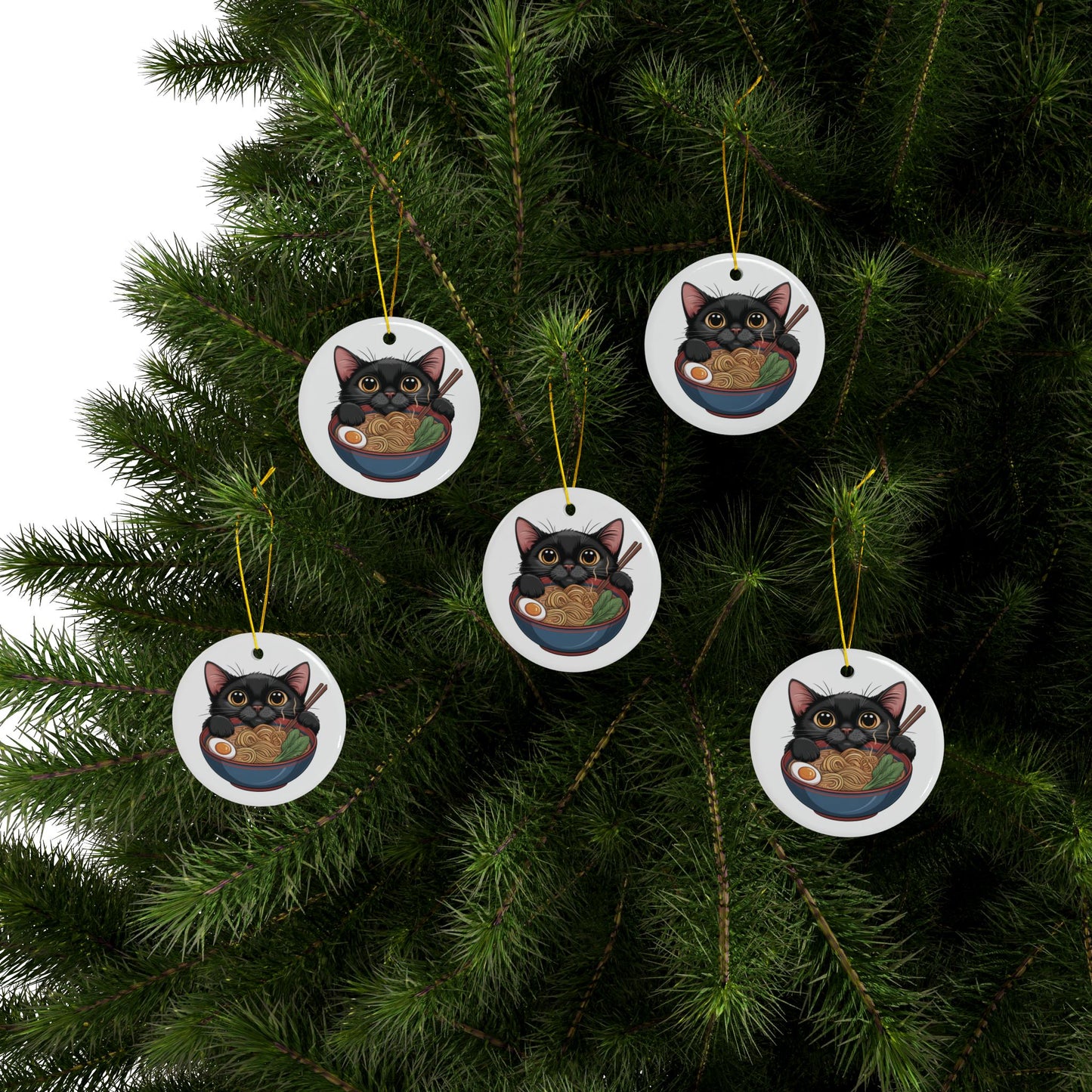 Heartwarming Black Cat Eating Ramen Ceramic Ornament | 2-Side Print