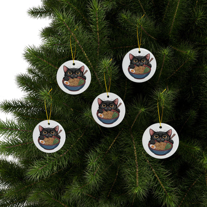 Heartwarming Black Cat Eating Ramen Ceramic Ornament | 2-Side Print