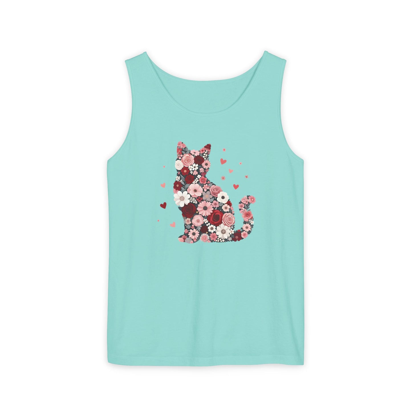 Meowentines Day Floral Cat Silhouette Valentine Tank Top | Pink Flower Kitty