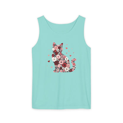 Meowentines Day Floral Cat Silhouette Valentine Tank Top | Pink Flower Kitty