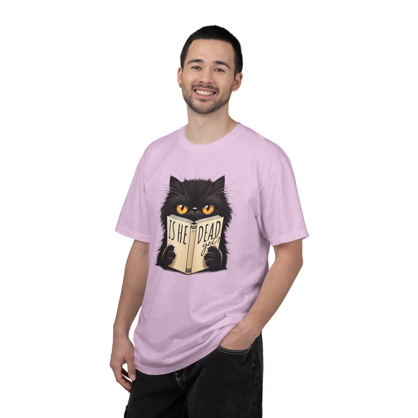 Sarcastic Cat Lover Unisex T-shirt, Is He Dead Yet, Funny Black Cat Graphic Tee, Animal Humor Gift For Cat Mom, Dad, Fur Parent Clothing,