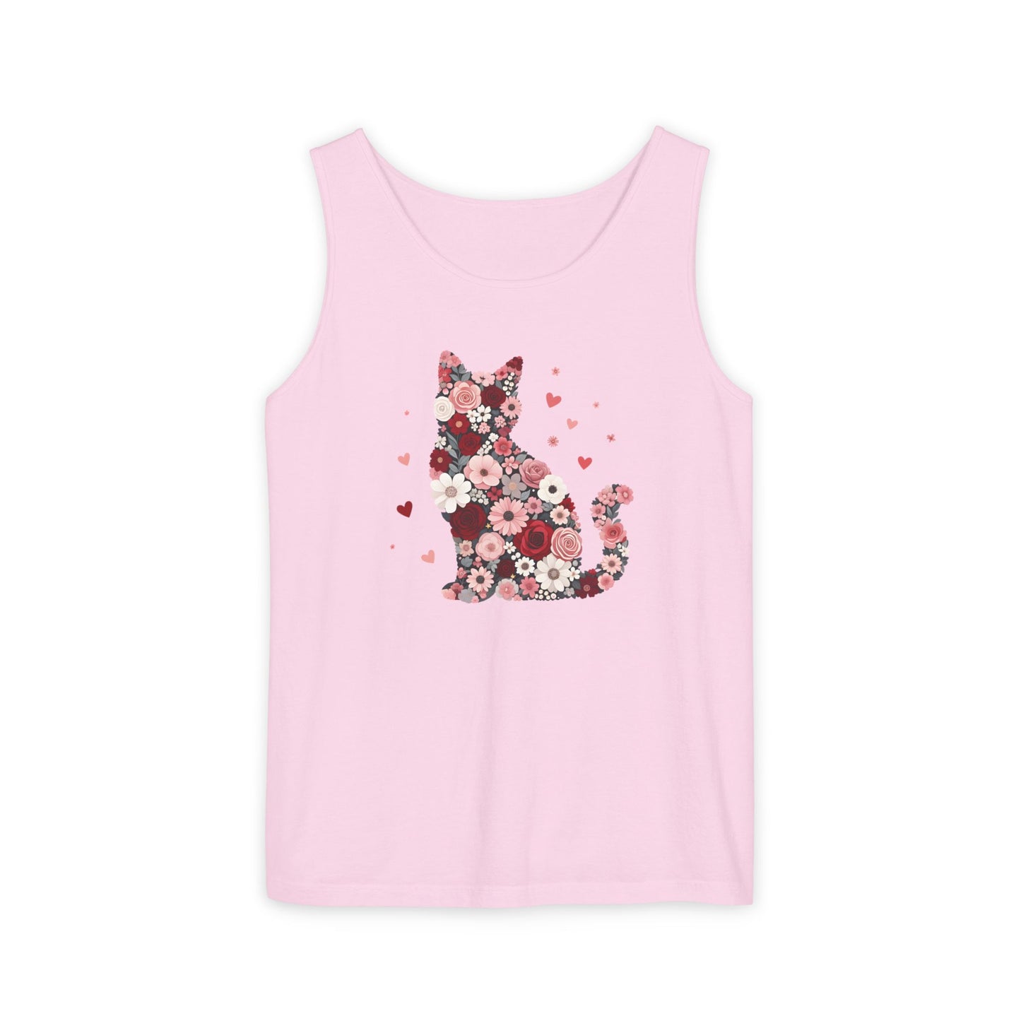 Meowentines Day Floral Cat Silhouette Valentine Tank Top | Pink Flower Kitty