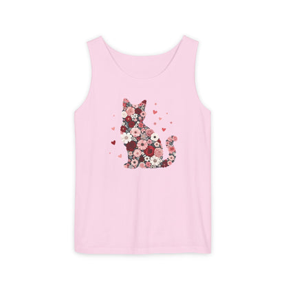 Meowentines Day Floral Cat Silhouette Valentine Tank Top | Pink Flower Kitty
