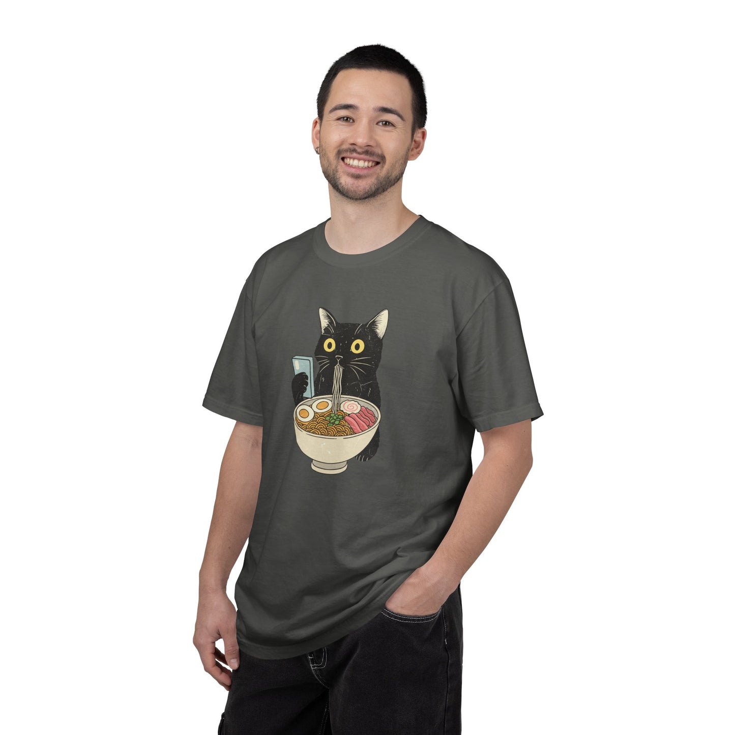 Kawaii Black Cat Slurping Ramen T-shirt | Neko Anime Bowl Design