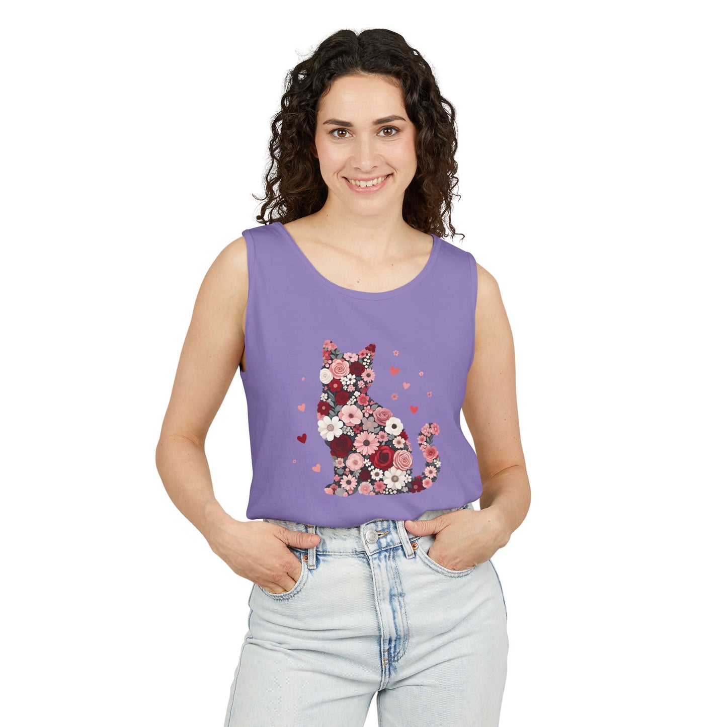 Meowentines Day Floral Cat Silhouette Valentine Tank Top | Pink Flower Kitty
