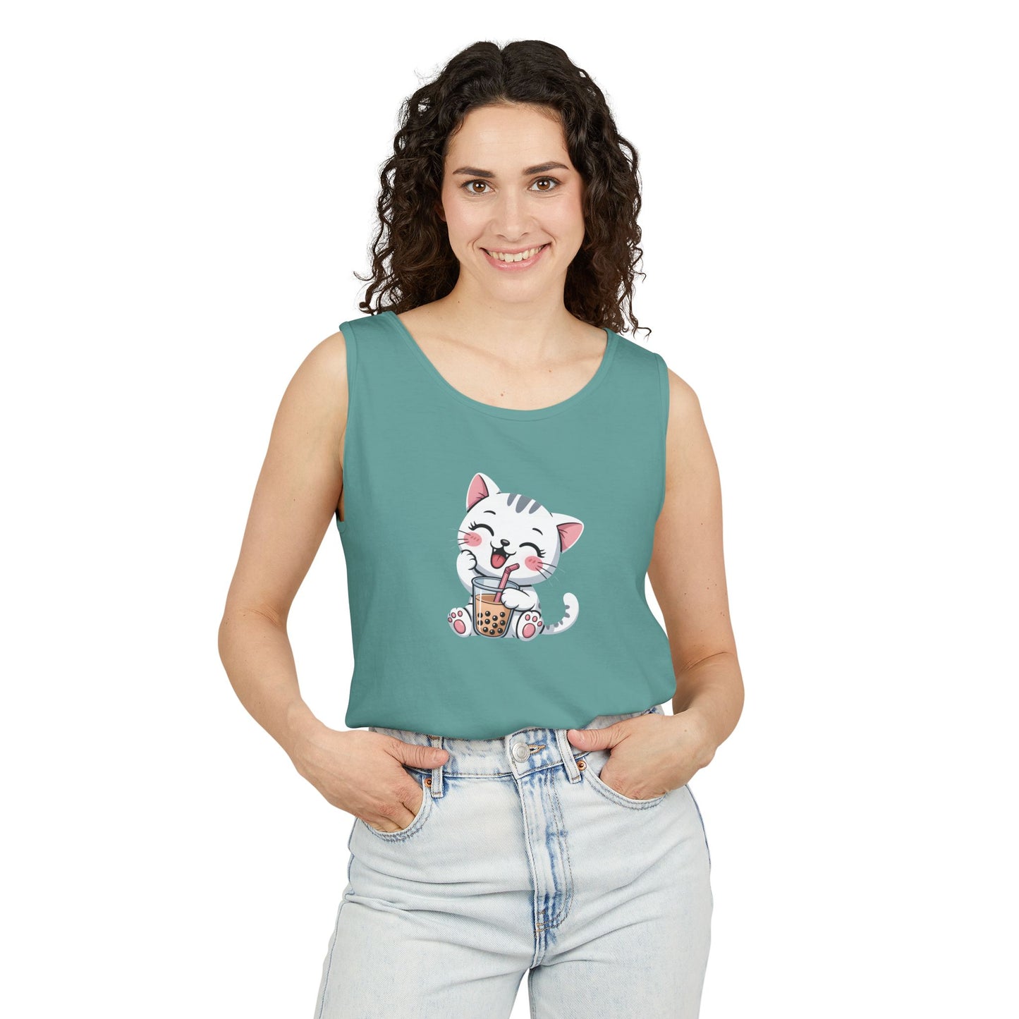 Cute Boba Cat Tank Top | Kawaii Bubble Tea Kitten Design