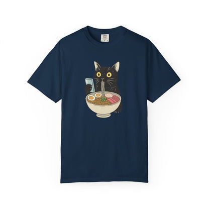 Kawaii Black Cat Slurping Ramen T-shirt | Neko Anime Bowl Design