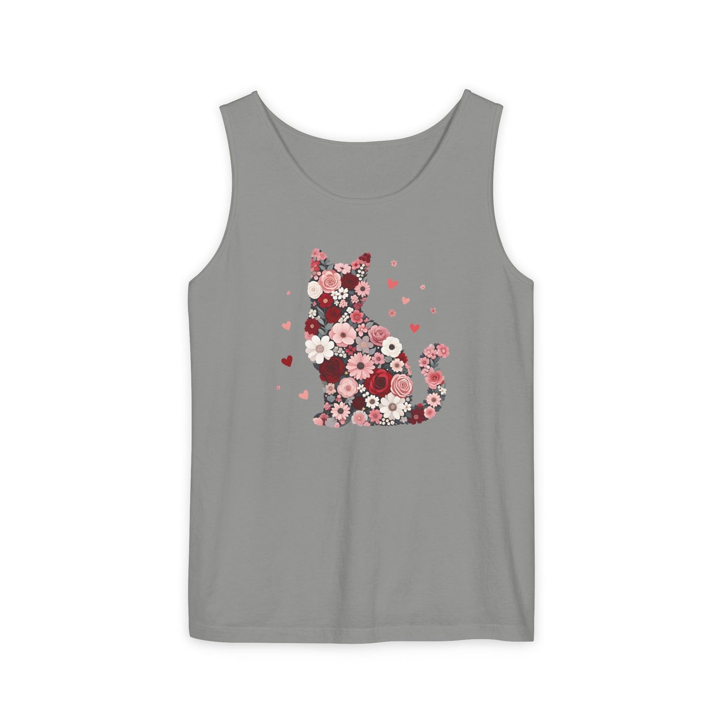 Meowentines Day Floral Cat Silhouette Valentine Tank Top | Pink Flower Kitty