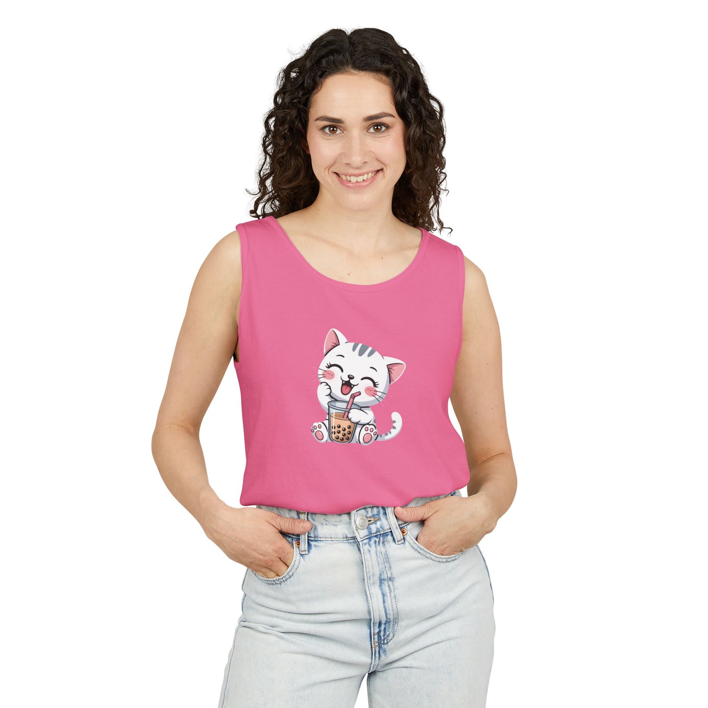 Cute Boba Cat Tank Top | Kawaii Bubble Tea Kitten Design