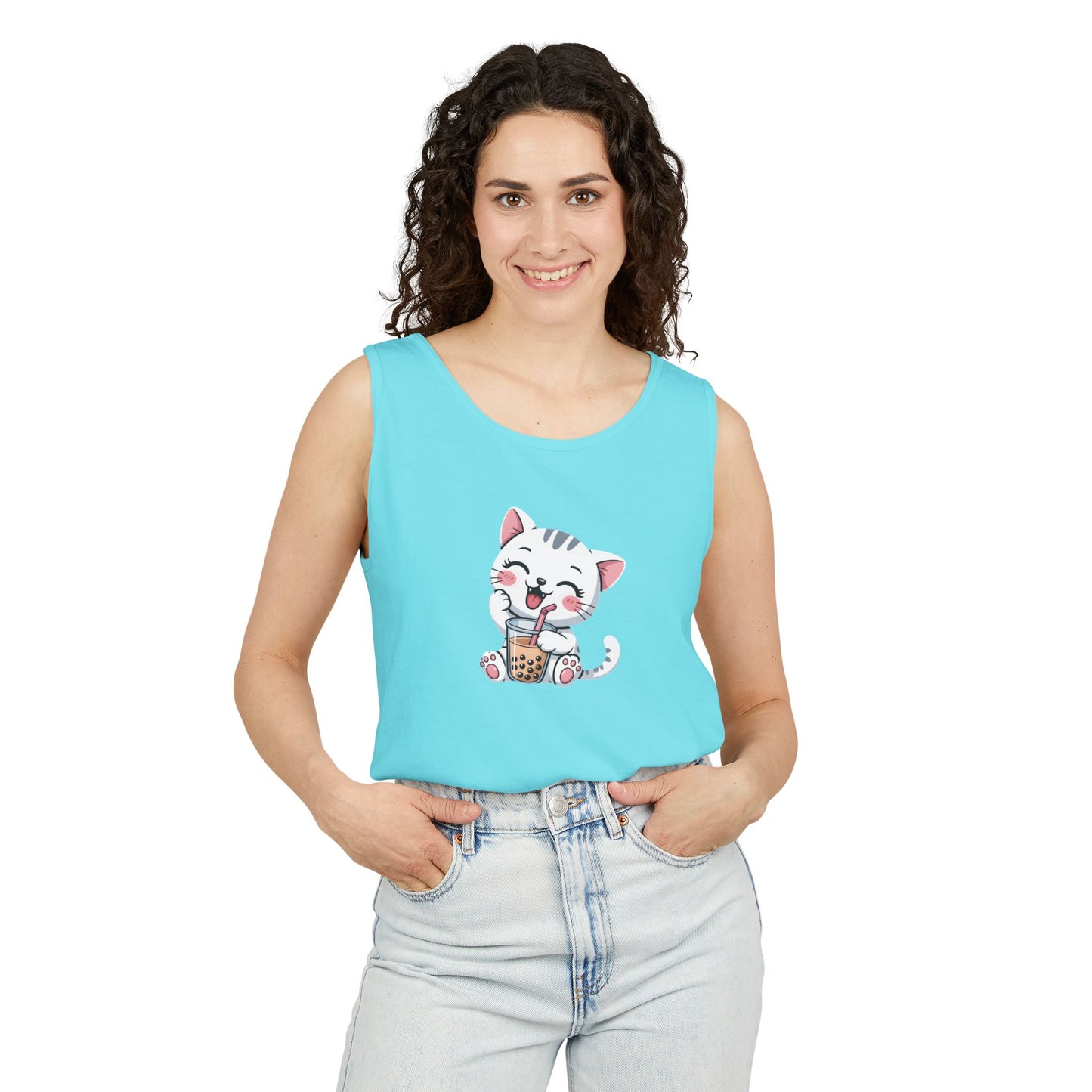Cute Boba Cat Tank Top | Kawaii Bubble Tea Kitten Design