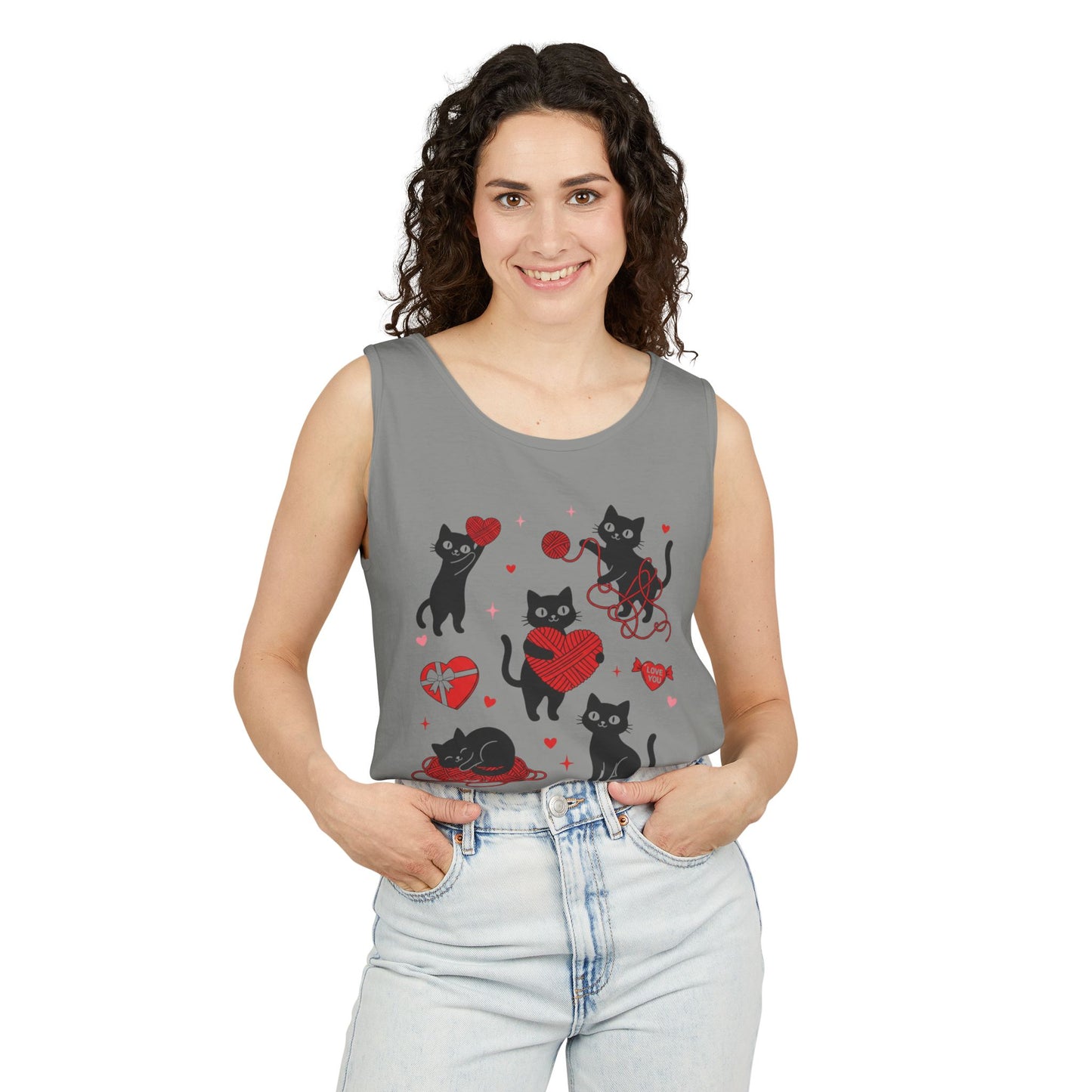 Cat Tangled In Love Tank Top | Valentine Cat Heart Design