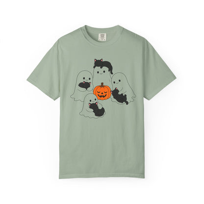 Kawaii Ghosts Sleepy Kittens Shirt Cozy Halloween Pumpkin Tee Oversized Cotton Cat Top