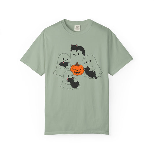 Kawaii Ghosts Sleepy Kittens Shirt Cozy Halloween Pumpkin Tee Oversized Cotton Cat Top