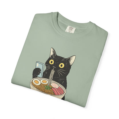 Kawaii Black Cat Slurping Ramen T-shirt | Neko Anime Bowl Design