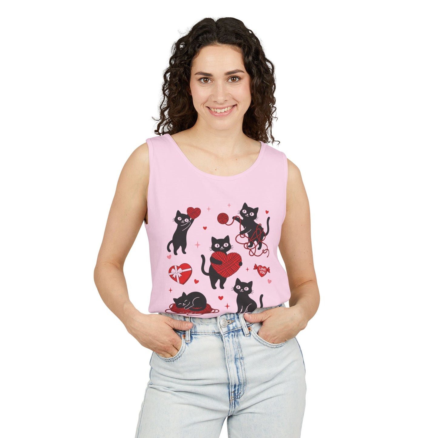 Cat Tangled In Love Tank Top | Valentine Cat Heart Design