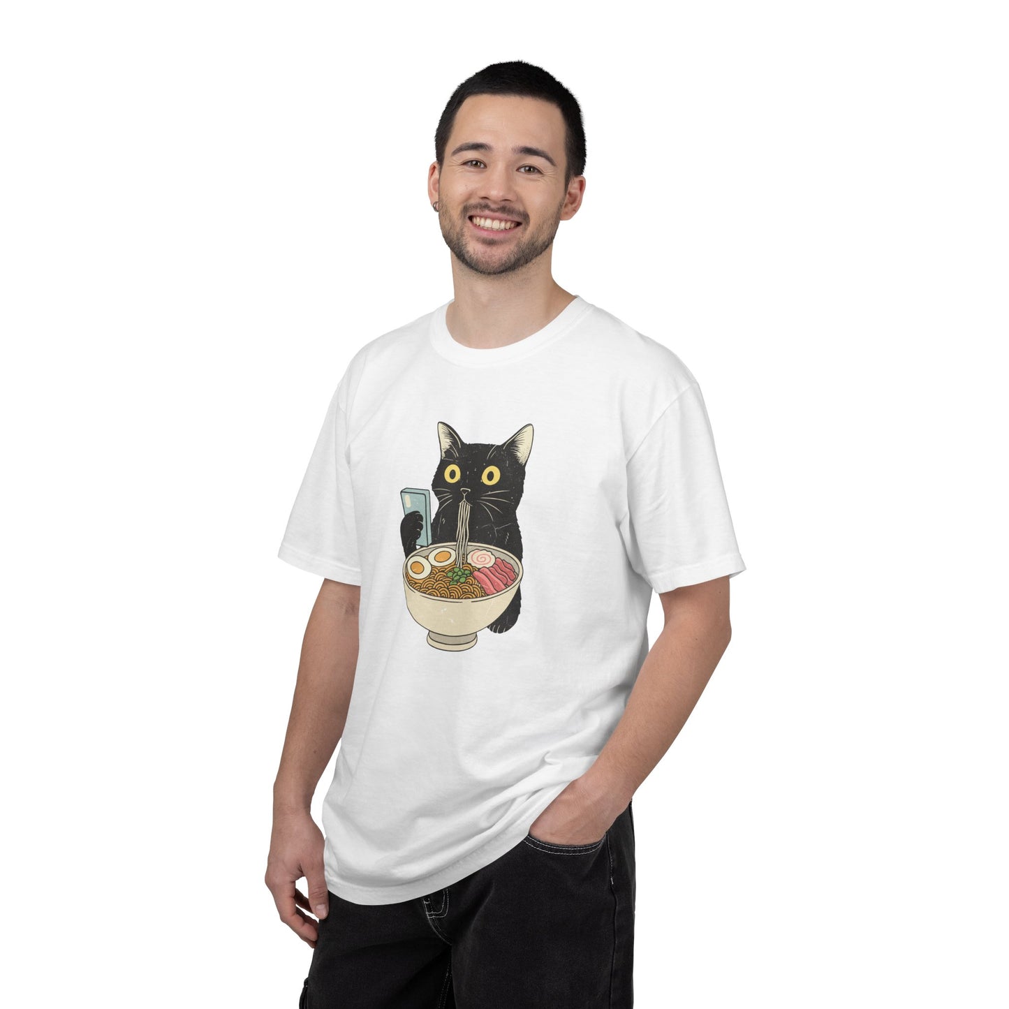 Kawaii Black Cat Slurping Ramen T-shirt | Neko Anime Bowl Design