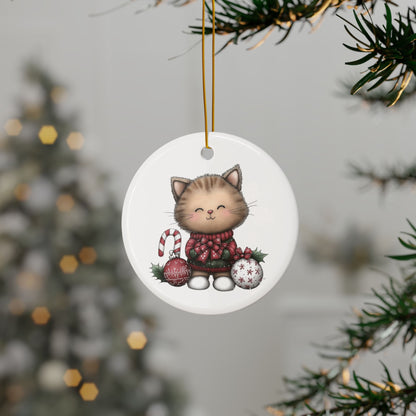 Whimsical Cat round minimalist Christmas ornament Ceramic Ornament
