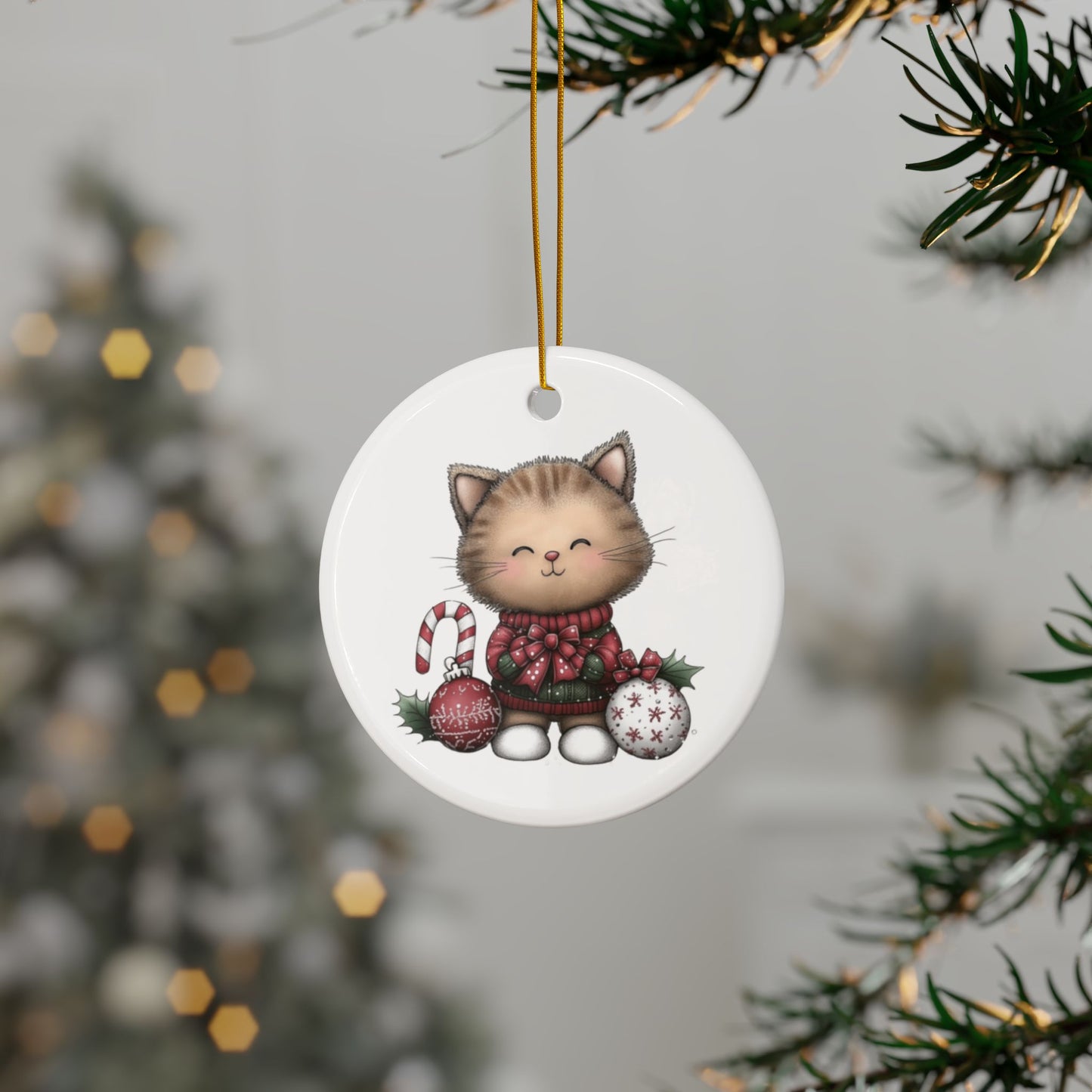 Whimsical Cat round minimalist Christmas ornament Ceramic Ornament