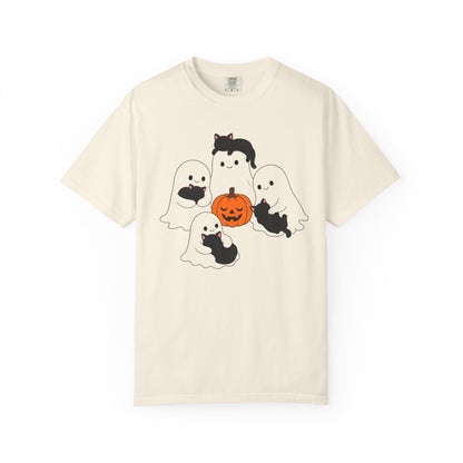 Kawaii Ghosts Sleepy Kittens Shirt Cozy Halloween Pumpkin Tee Oversized Cotton Cat Top
