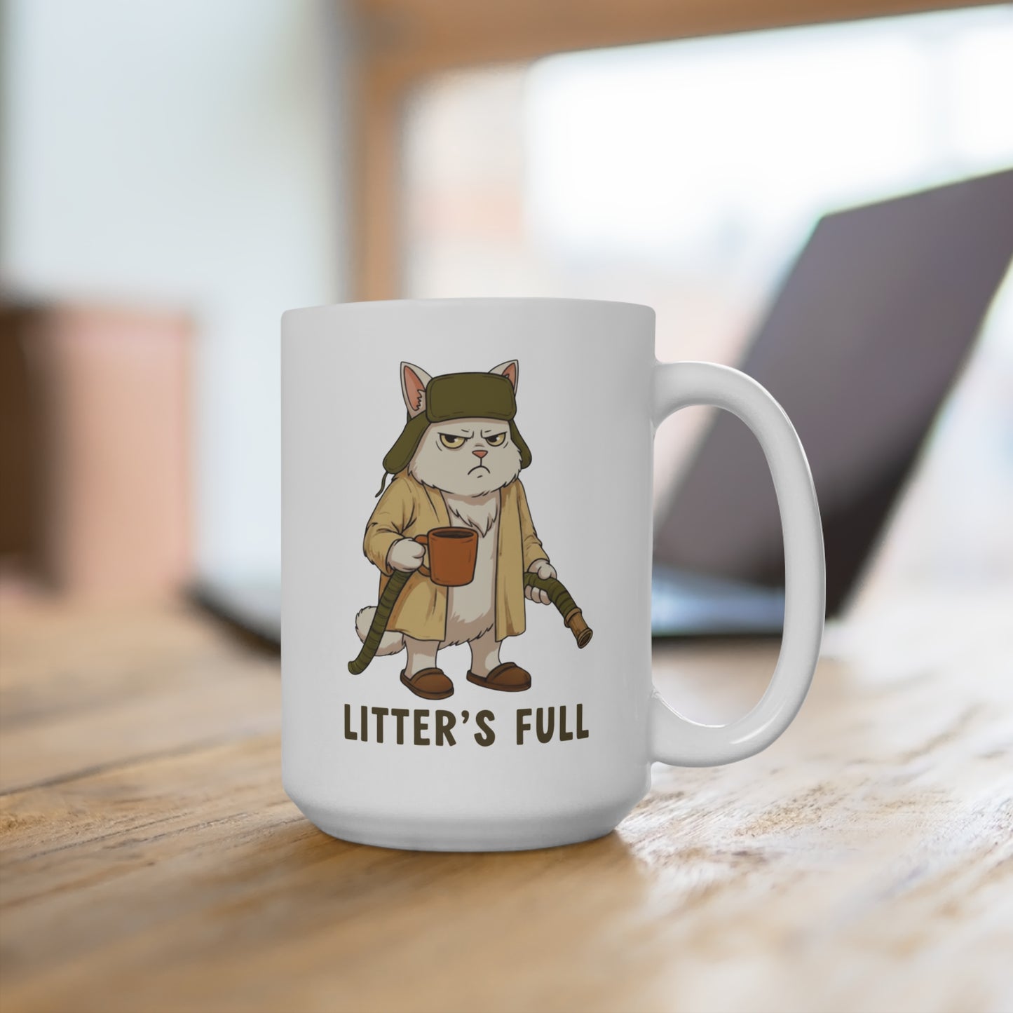 Litter's Full Mug Grumpy Cat with Coffee Mug | Funny Cat Illustration