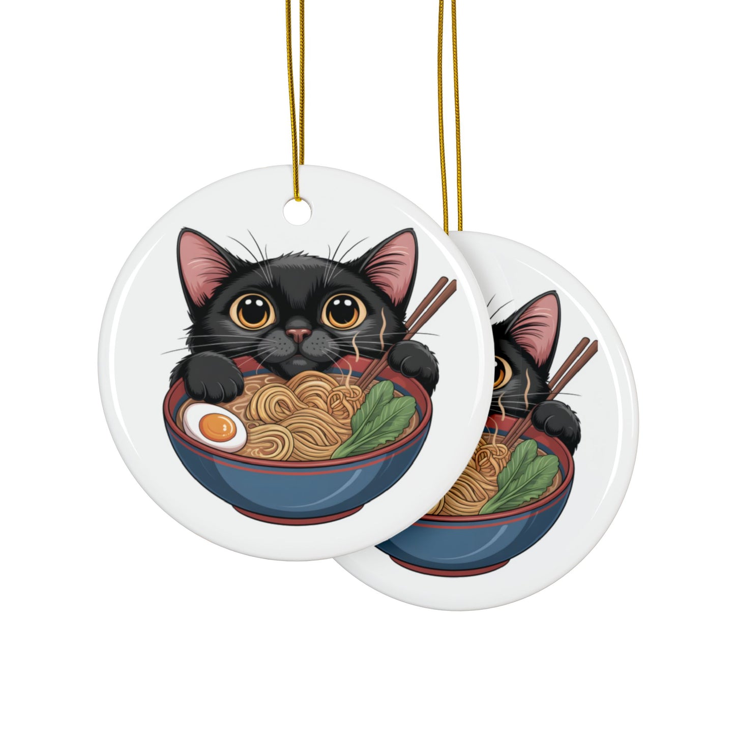 Heartwarming Black Cat Eating Ramen Ceramic Ornament | 2-Side Print