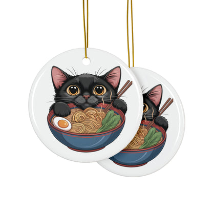 Heartwarming Black Cat Eating Ramen Ceramic Ornament | 2-Side Print