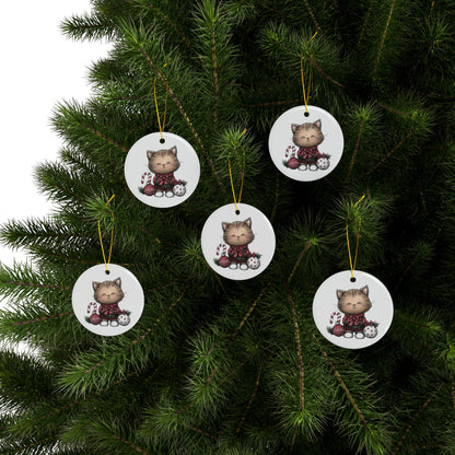 Whimsical Cat round minimalist Christmas ornament Ceramic Ornament