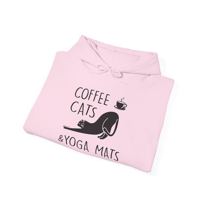 Coffee Cats Yoga Mats Unisex Heavy Blend™ Hooded Sweatshirt | Cozy & Playful Hoodie for Cat Lovers, Yoga Enthusiasts, and Coffee Addicts