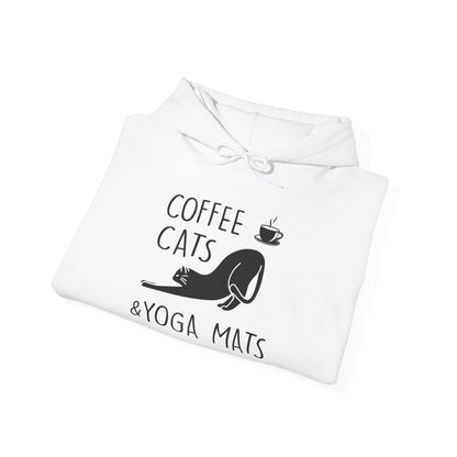 Coffee Cats Yoga Mats Unisex Heavy Blend™ Hooded Sweatshirt | Cozy & Playful Hoodie for Cat Lovers, Yoga Enthusiasts, and Coffee Addicts