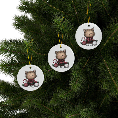 Whimsical Cat round minimalist Christmas ornament Ceramic Ornament