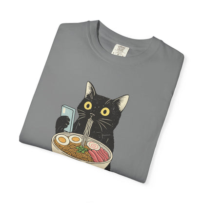 Kawaii Black Cat Slurping Ramen T-shirt | Neko Anime Bowl Design