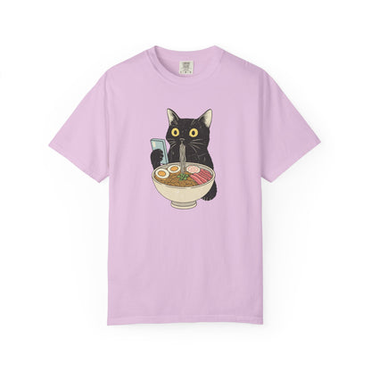 Kawaii Black Cat Slurping Ramen T-shirt | Neko Anime Bowl Design