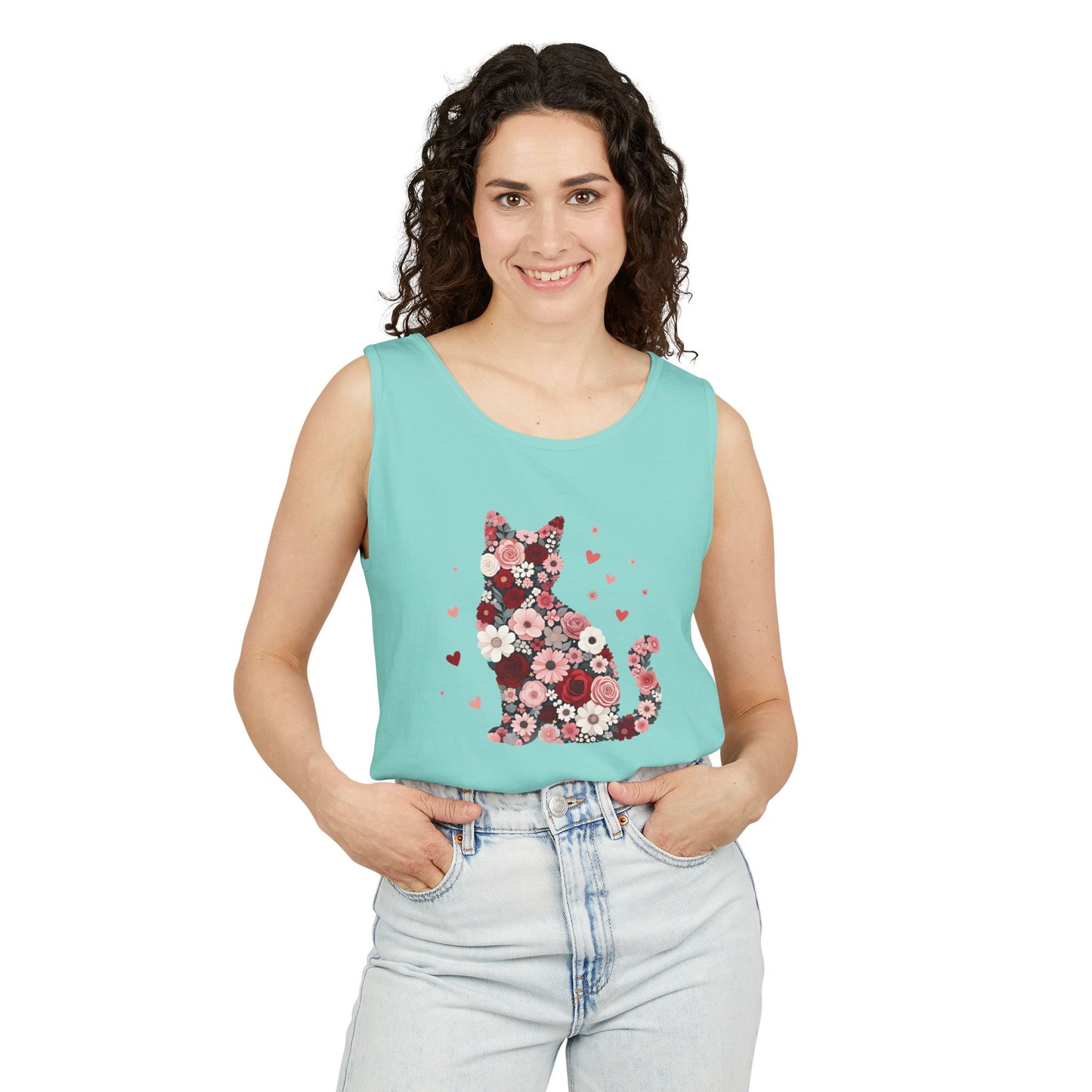 Meowentines Day Floral Cat Silhouette Valentine Tank Top | Pink Flower Kitty