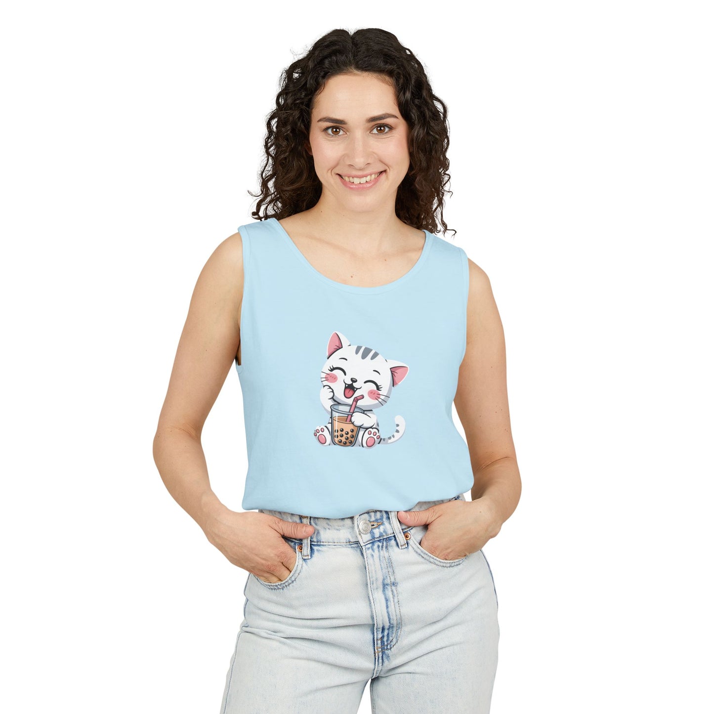Cute Boba Cat Tank Top | Kawaii Bubble Tea Kitten Design