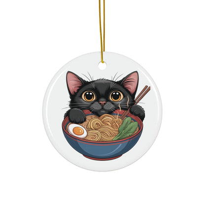 Heartwarming Black Cat Eating Ramen Ceramic Ornament | 2-Side Print