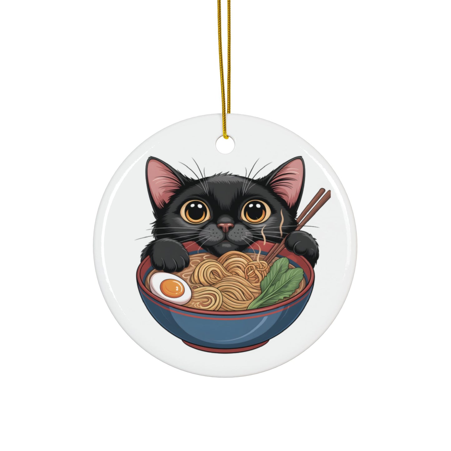 Heartwarming Black Cat Eating Ramen Ceramic Ornament | 2-Side Print