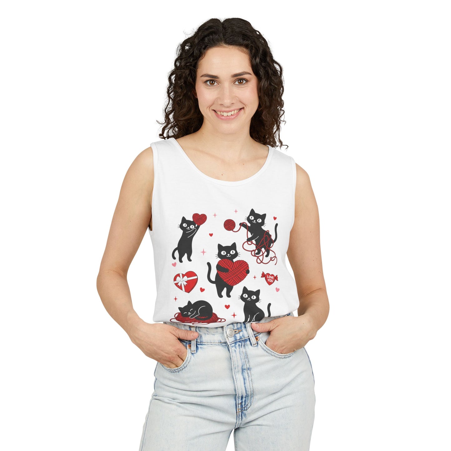 Cat Tangled In Love Tank Top | Valentine Cat Heart Design