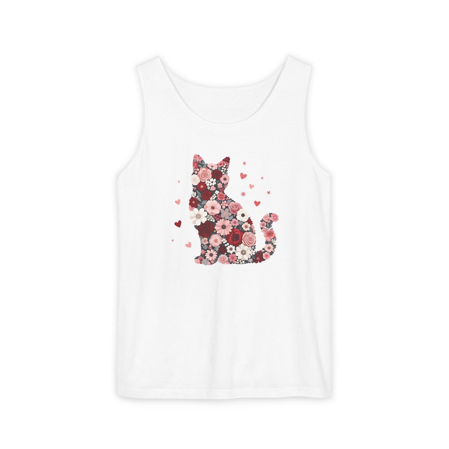 Meowentines Day Floral Cat Silhouette Valentine Tank Top | Pink Flower Kitty