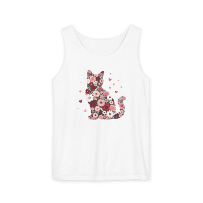 Meowentines Day Floral Cat Silhouette Valentine Tank Top | Pink Flower Kitty