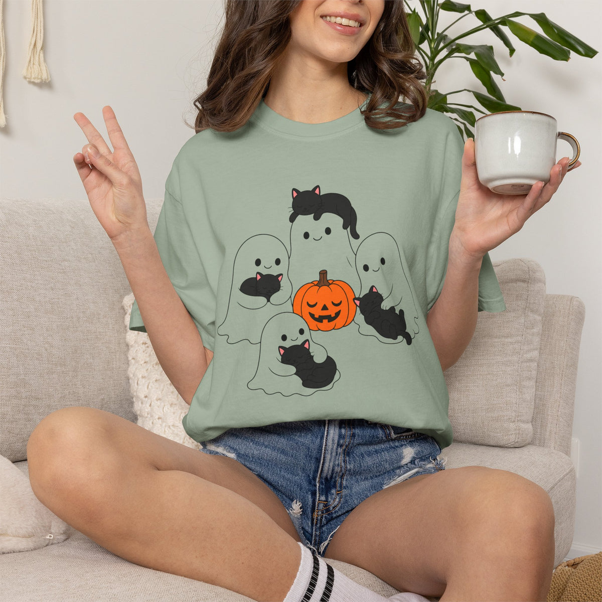 Kawaii Ghosts Sleepy Kittens Shirt Cozy Halloween Pumpkin Tee Oversized Cotton Cat Top