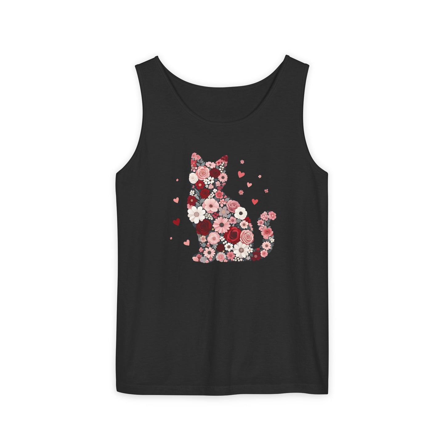 Meowentines Day Floral Cat Silhouette Valentine Tank Top | Pink Flower Kitty