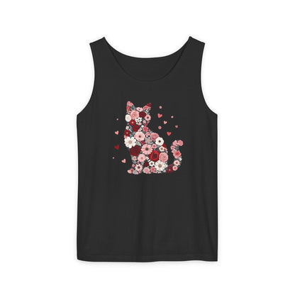 Meowentines Day Floral Cat Silhouette Valentine Tank Top | Pink Flower Kitty