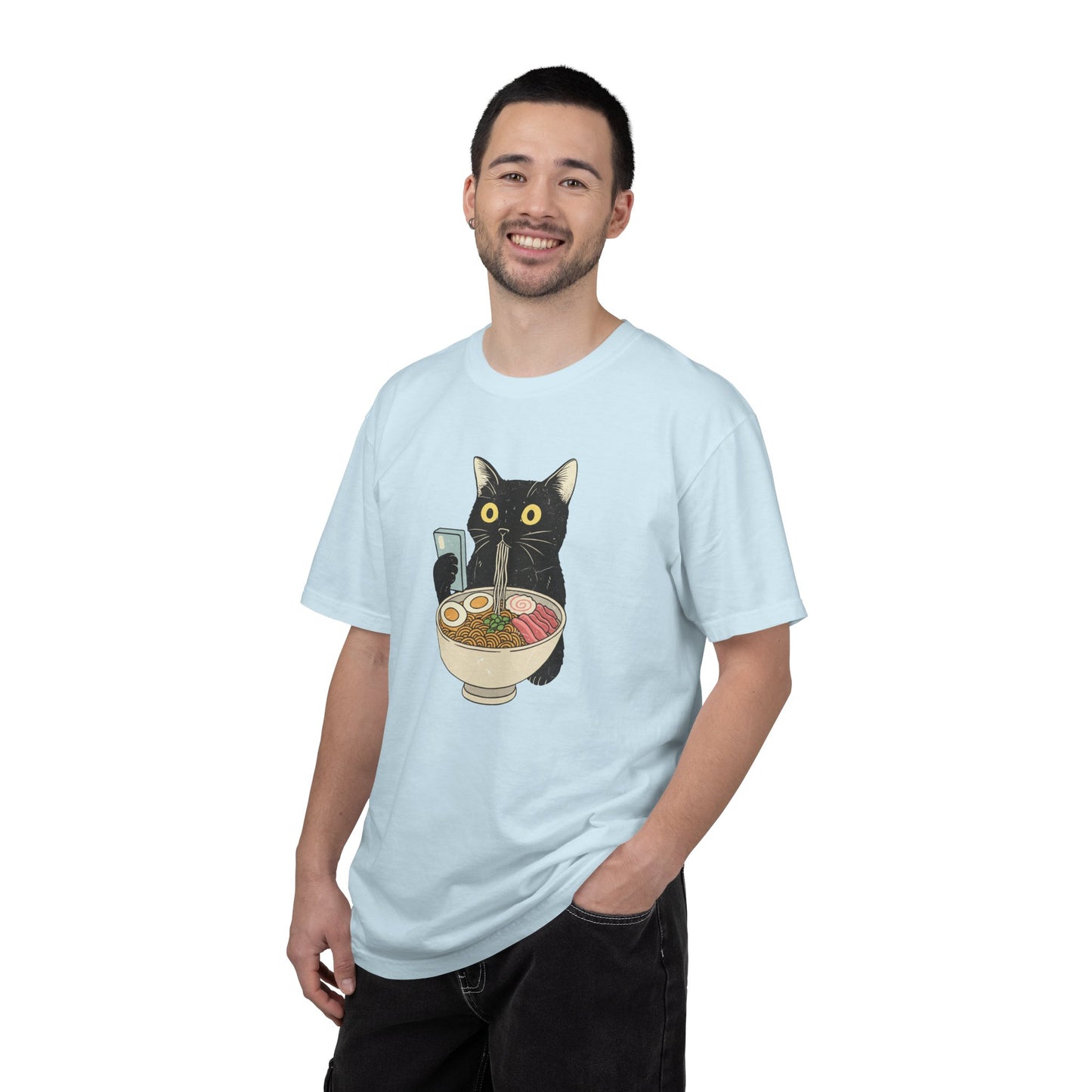 Kawaii Black Cat Slurping Ramen T-shirt | Neko Anime Bowl Design