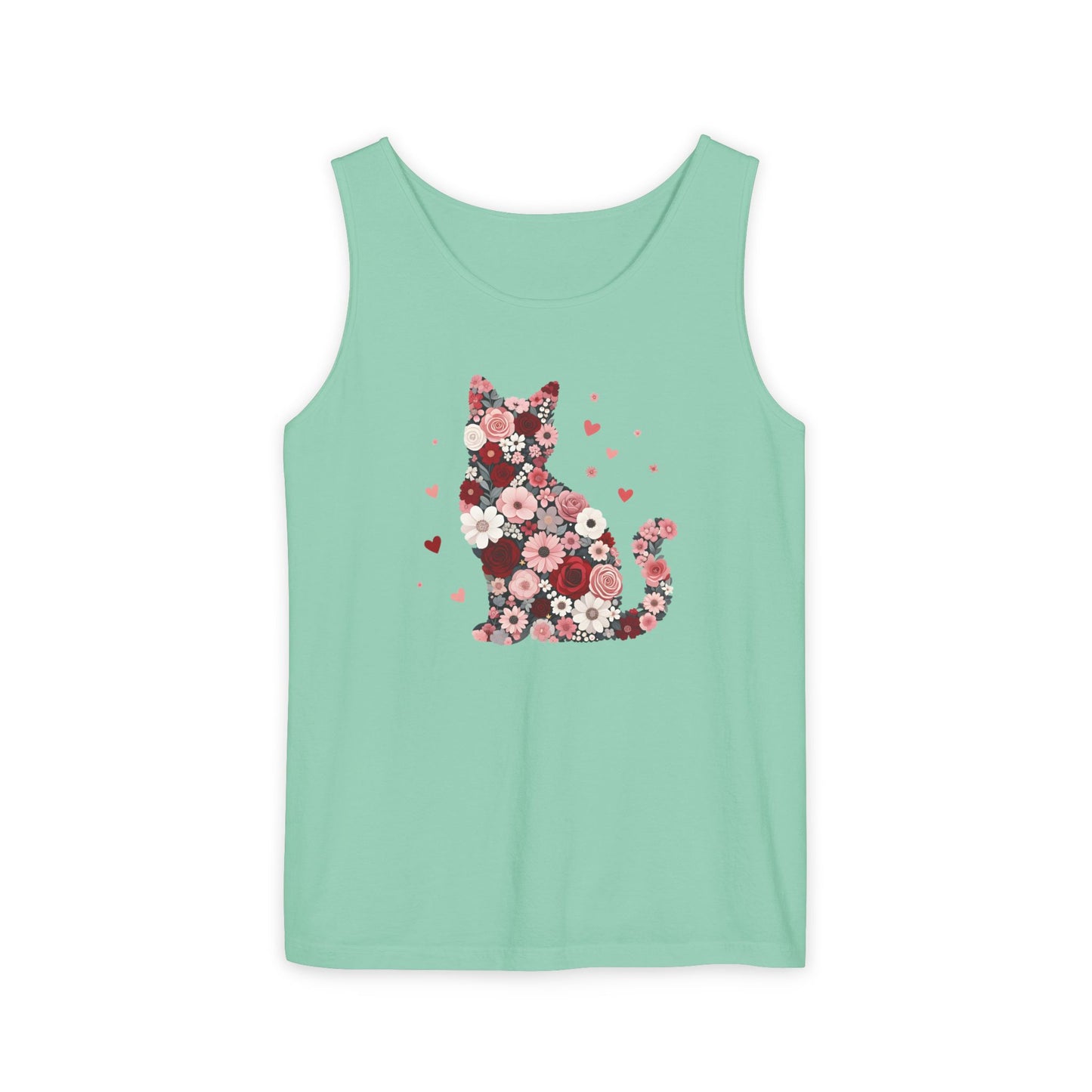 Meowentines Day Floral Cat Silhouette Valentine Tank Top | Pink Flower Kitty