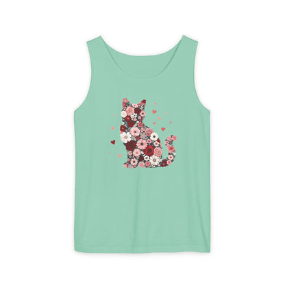 Meowentines Day Floral Cat Silhouette Valentine Tank Top | Pink Flower Kitty