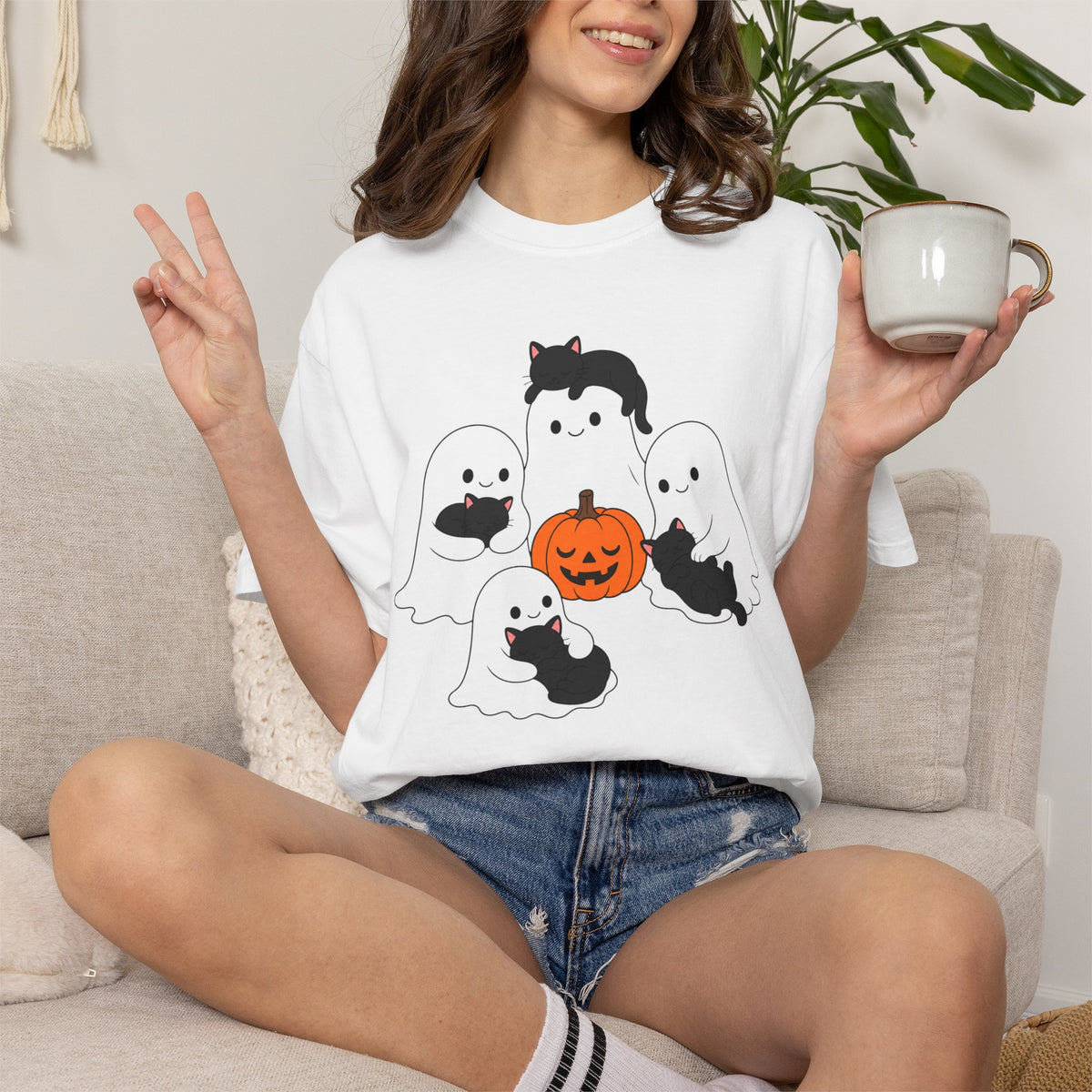 Kawaii Ghosts Sleepy Kittens Shirt Cozy Halloween Pumpkin Tee Oversized Cotton Cat Top