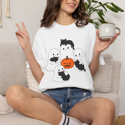 Kawaii Ghosts Sleepy Kittens Shirt Cozy Halloween Pumpkin Tee Oversized Cotton Cat Top