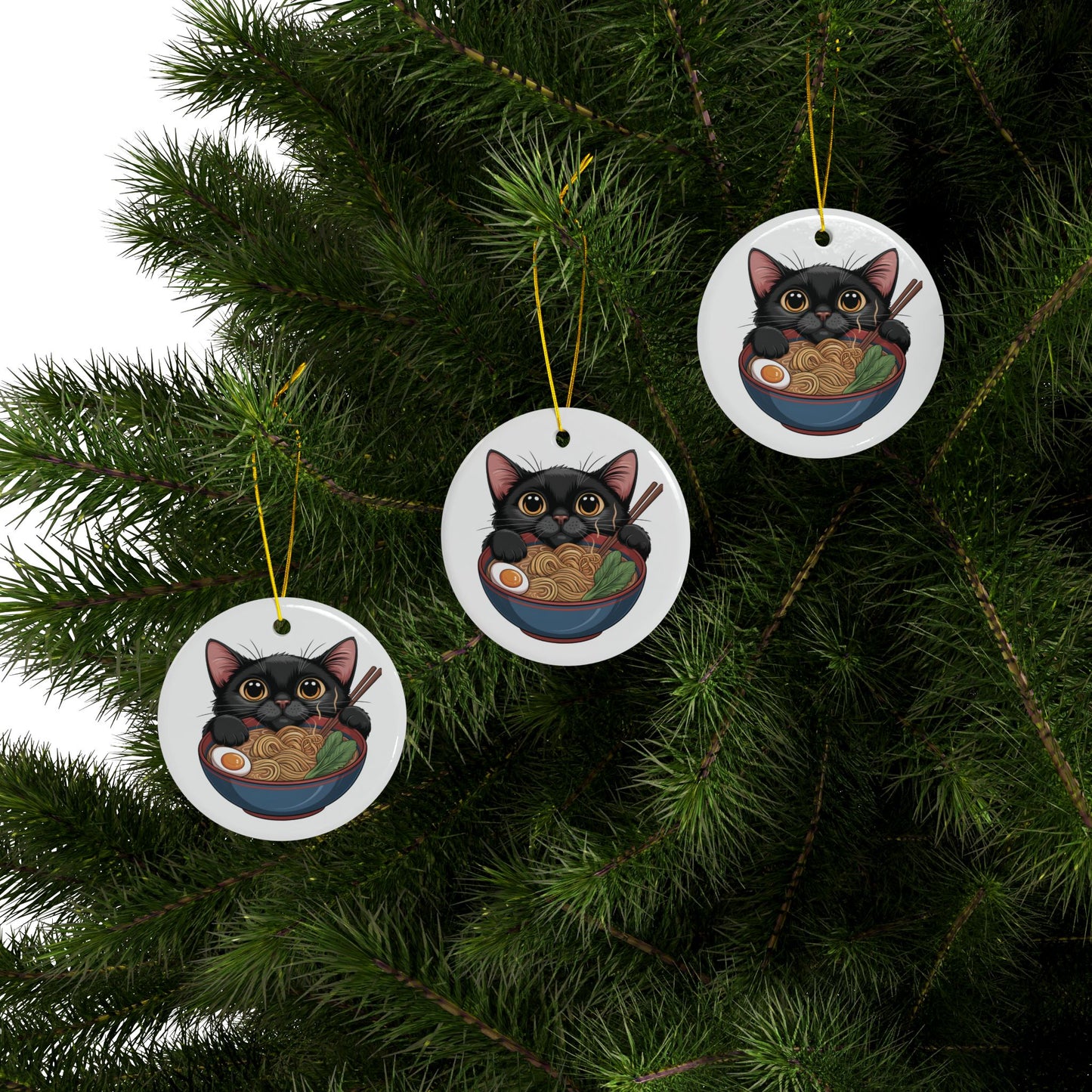 Heartwarming Black Cat Eating Ramen Ceramic Ornament | 2-Side Print