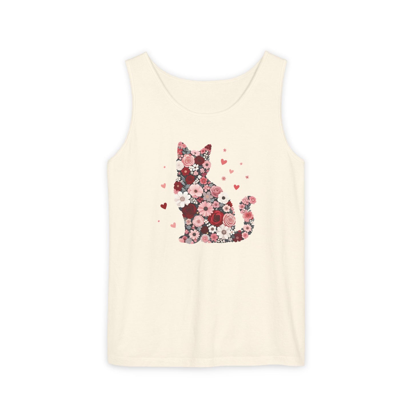 Meowentines Day Floral Cat Silhouette Valentine Tank Top | Pink Flower Kitty